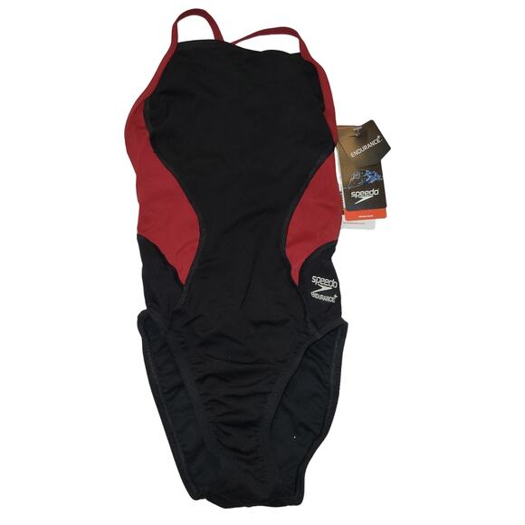 SPEEDO Endurance+ Racing Cut Crossback Black Maroon Women One Piece Swim Size 22 - Picture 1 of 8